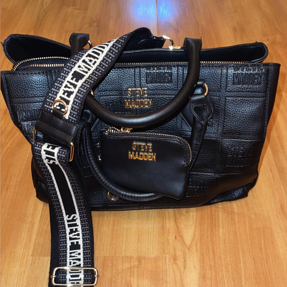 Steve Madden Black Embossed Tote with Logo Strap